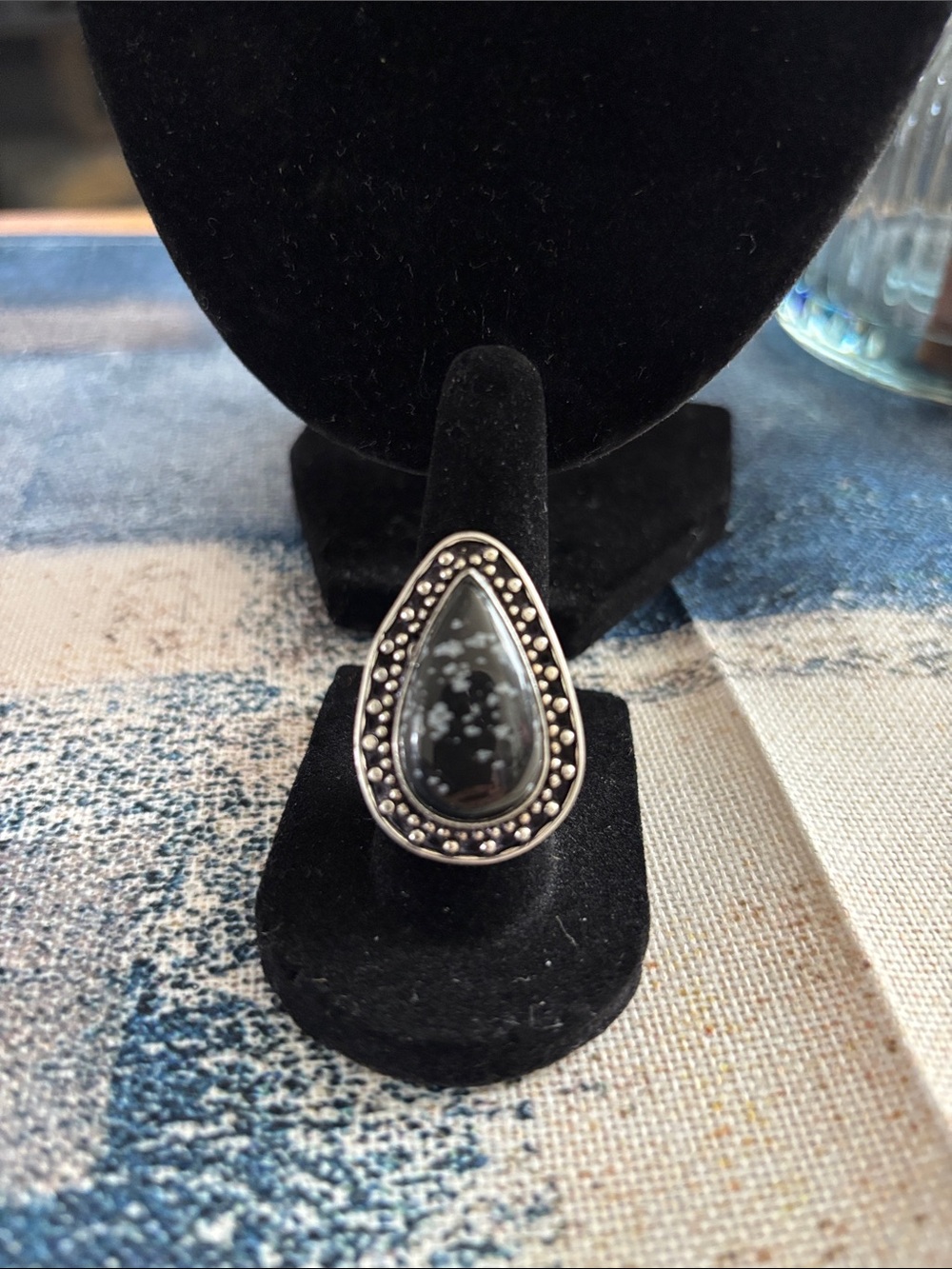 Vintage Style Snowflake Obsidian Sterling Silver Teardrop Ring Size 7.5